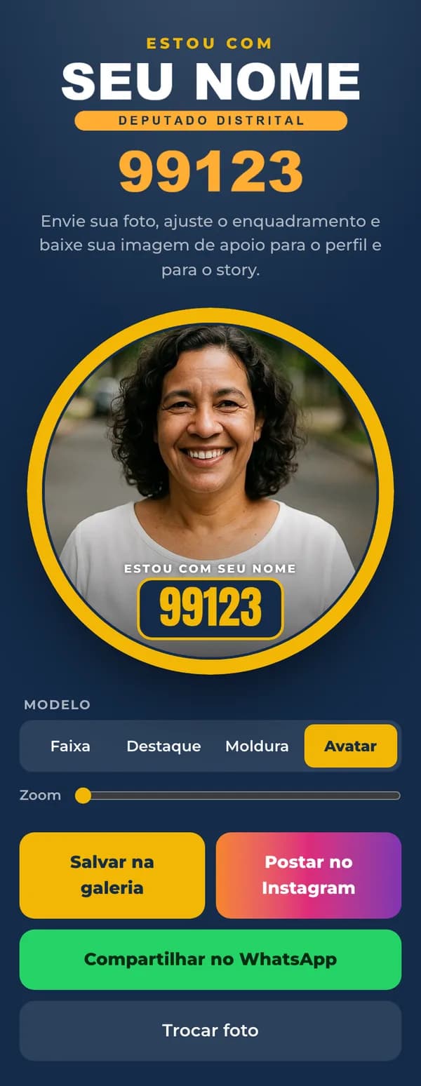 Foto de apoio no modelo Avatar: foto de perfil redonda com o anel Estou com Seu Nome e o número 99123