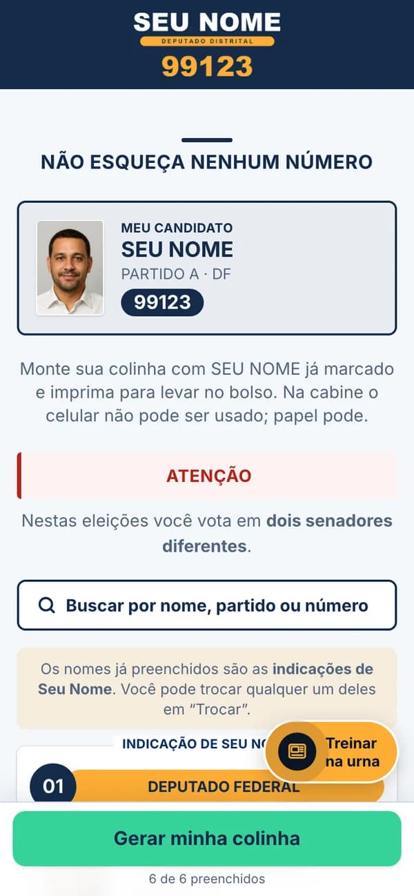Página de campanha no celular: o candidato fictício Seu Nome, 99123, já marcado na colinha