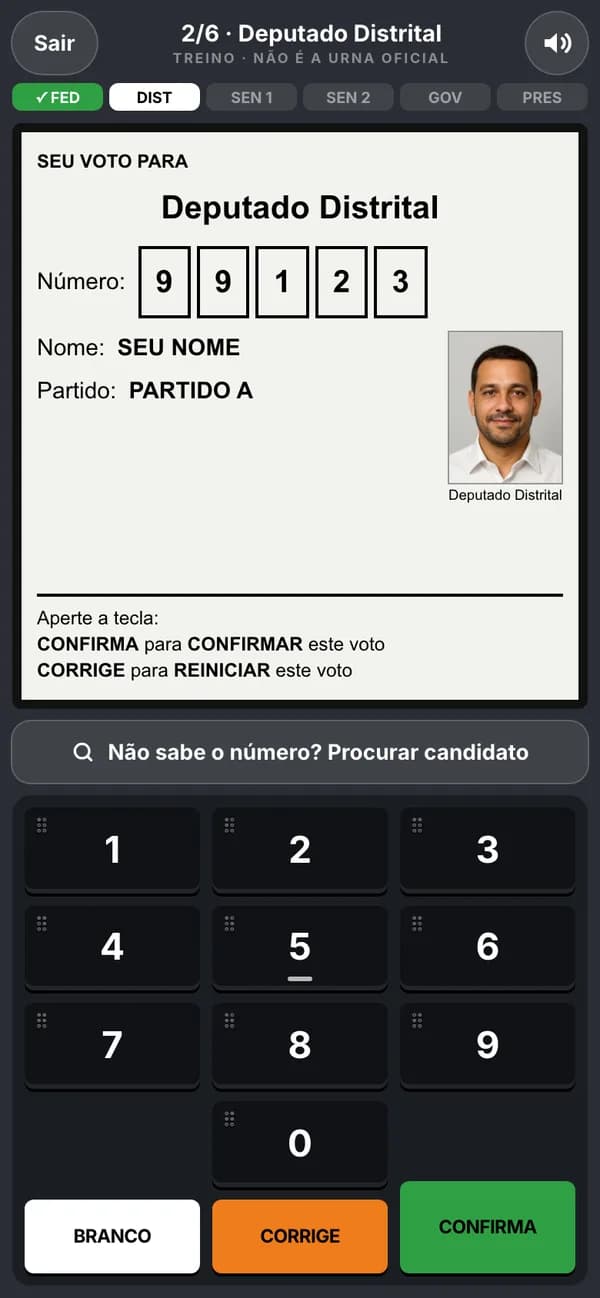 Simulador de urna no celular mostrando o voto para deputado distrital 99123, Seu Nome